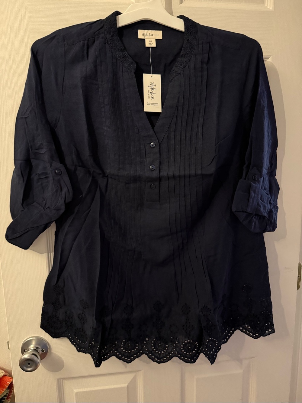 Style & Co. Navy Pintuck Tunic with Eyelet Hem